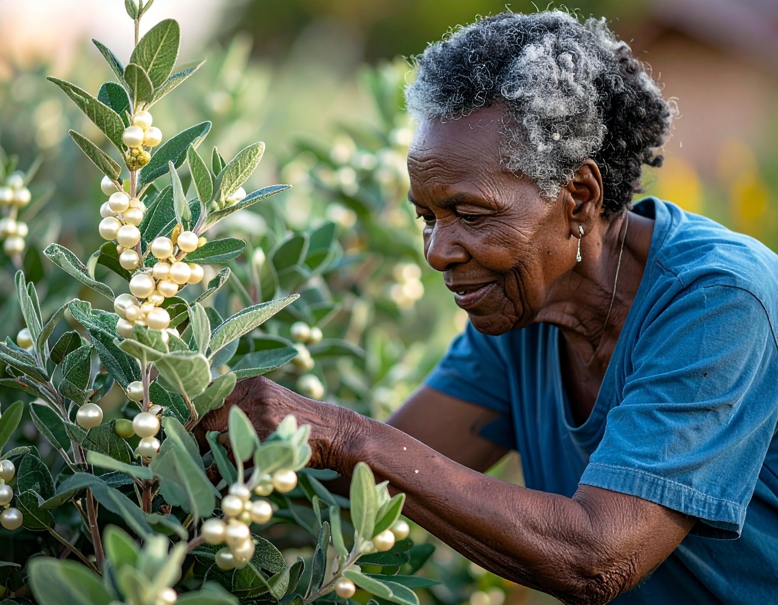 image of a woman hiking on the roadside offering a freshly picked pearl to the viewer