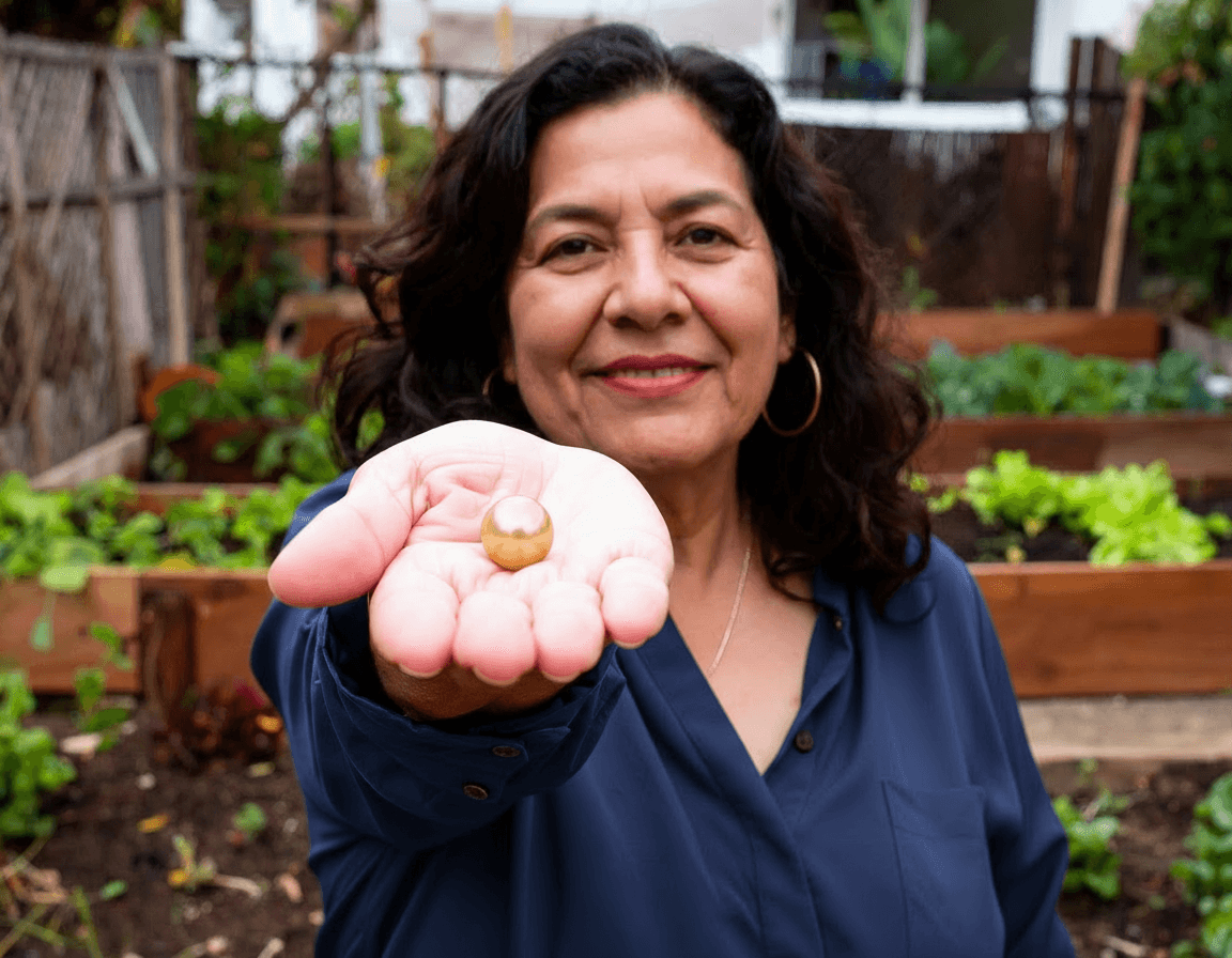 image of a woman in a garden with arm outstretched, offering a pearl of sage wisdom to the viewer