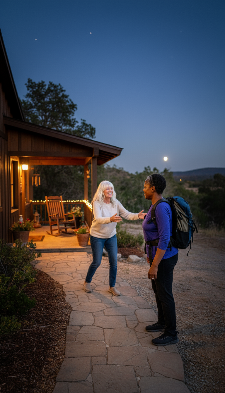 A hiker arriving at a friend's house and being greeted.