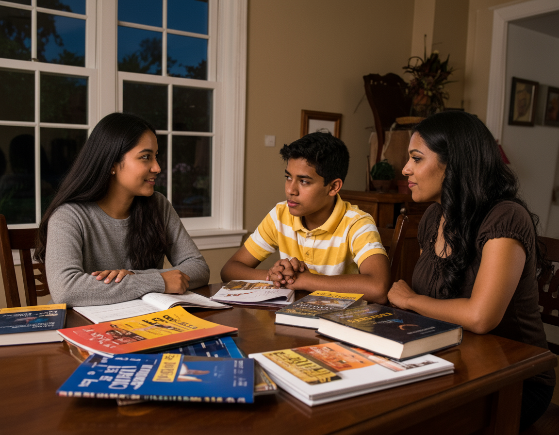 An older sister, teenaged boy, and mother discuss college at the dining room table.
