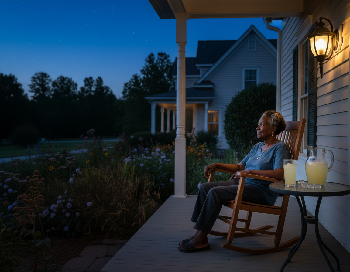 A woman sitting on her porch in the evening enjoying her lemonade.