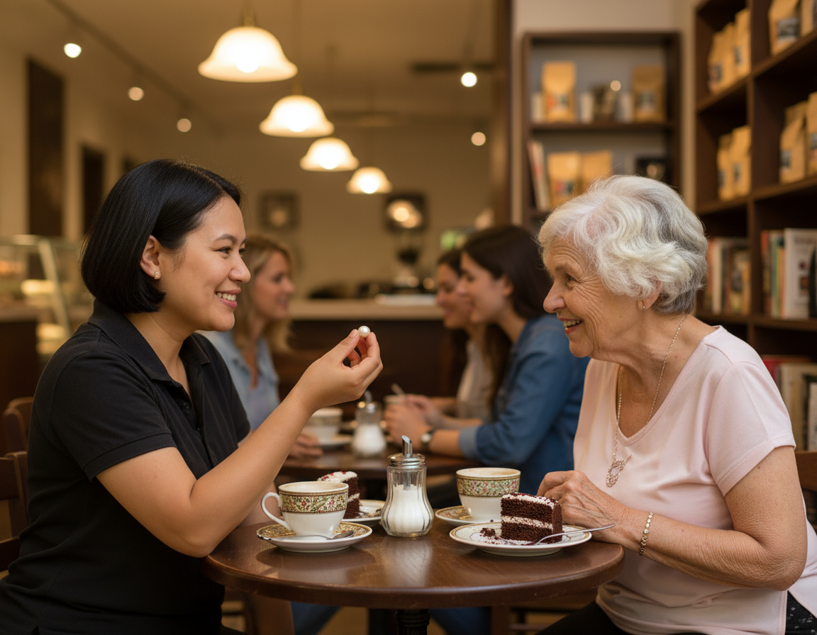 Two women in a coffee enjoying their coffee and desert.